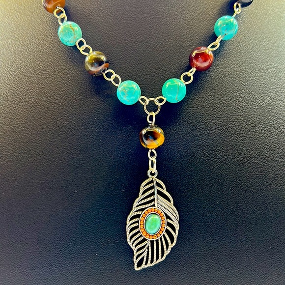 Handmade Feather Pendant Necklace with Natural Turquoise & Tiger Eye Stones! - Picture 3 of 6
